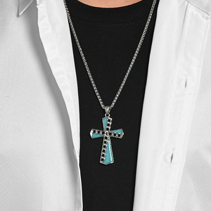 New Shan Hai yunnique style natural turquoise cross necklace, niche and unique <b>titanium</b> steel non-fading sweater ch - Product Image 3