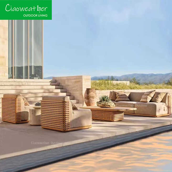 Hotel Luxury Modern Teak Outdoor Sofa Solid Wood Waterproof Sun Patio
