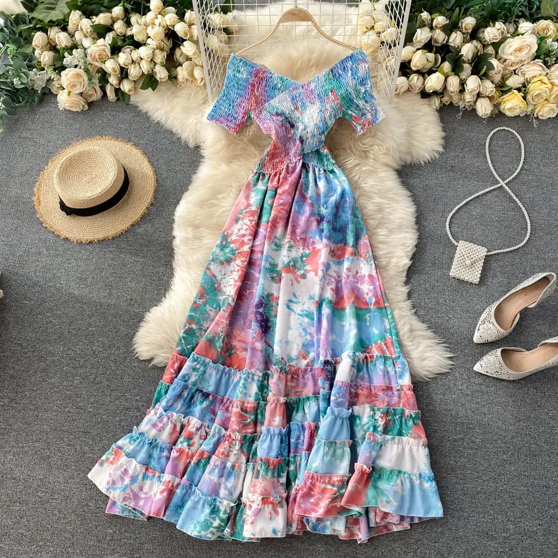 Summer Party Beach Flower Printed Casual Dresses Womans Viscose Floral Dress Women Off Shoulder Boho Maxi Dress For Women