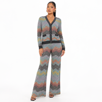 Costume de bureau élégant pour femme, style colorblock rayé, col en V, manches longues, simple boutonnage, anti-boulochage, pantalon évasé, idéal pour l'été