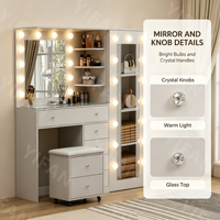Ensemble table de maquillage moderne en MDF rose coiffeuse à 13 tiroirs miroir sur pied éclairé par LED pour la chambre à coucher et le salon
