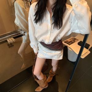 Abito Camicia Sexy da Donna S-L con Rosa Bianca Traforata Effetto Luce Lunare, Antirughe, Primaverile, Personalizzabile all'Ingrosso - Product Image 1