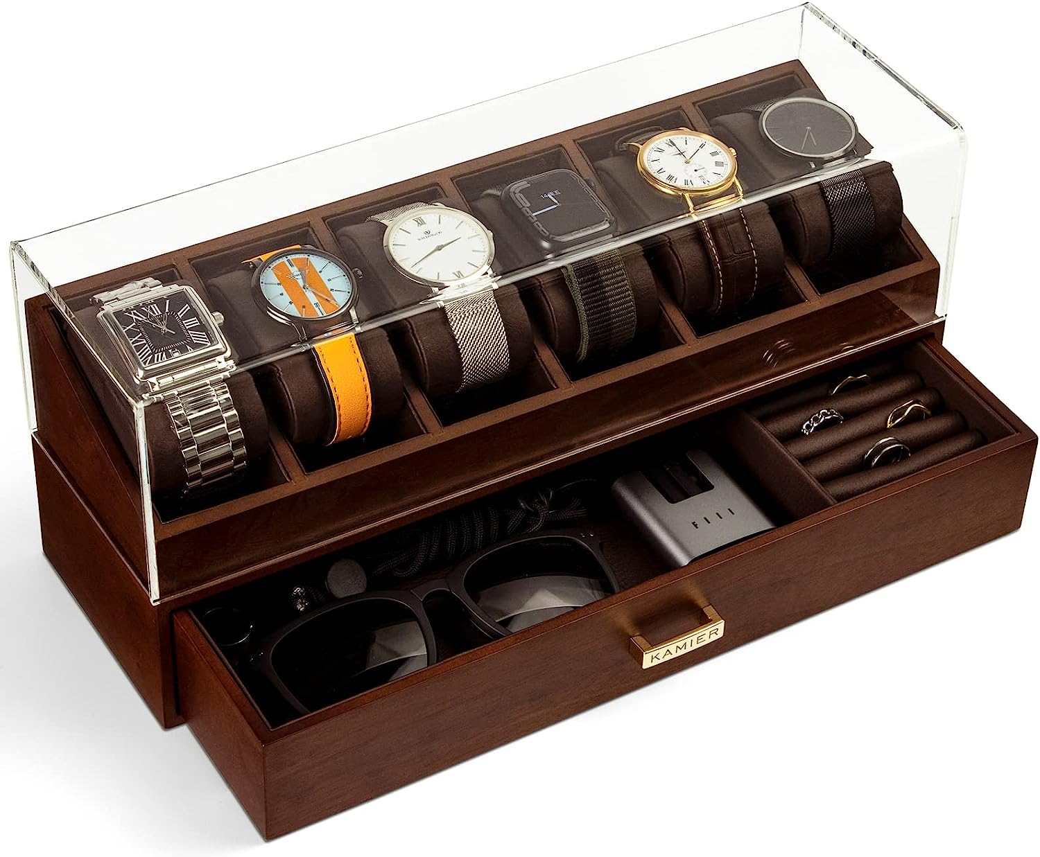 Watch Box Case Organizer Display für Männer Zweistufiger Holzuhrbox-Organizer für Männer mit Uhren halter und Schublade