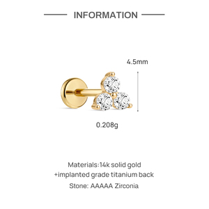 Piercing labret en titane G23 avec grappe de 3 pierres en or massif 14K, dos plat, fileté intérieurement, pour cartilage - Product Image 4