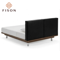 Lit double italien noir avec cadre en bois massif et revêtement en cuir véritable, style nordique moderne, pour chambre à coucher, disponible en tailles Queen et King