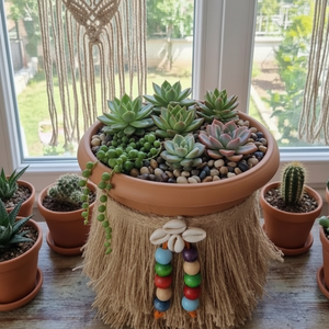 Boho Chic Handmade <b>Succulent</b> <b>Pot</b> with Jute Tassel Shells-2.7L Capacity Indoor Plant Container for Home & Garden Decor - Product Image 4