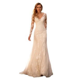 Wedding Dress Long Sleeve V-Neck Backless Sheath Lace Tulle White Bridal Gown For Travel Photography - Product Image 3