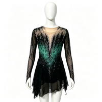 Robe de patinage artistique dégradé noir-vert, manches longues en maille, col en V, ornée de strass, pour femmes et filles, compétition et spectacle sur glace