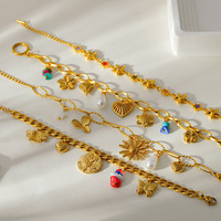 Gelang Wanita Trendy Dua Lapis dengan Liontin Mata Iblis, Kupu-kupu, Bunga, Mutiara Akrilik Emas, dan Berlian