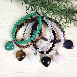 2024 baru trendi manik-manik bulat hijau aventurine gelang batu amethyst bentuk hati parfum botol pesona gelang rose quartz onyx