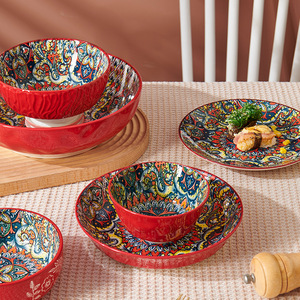 Набор керамической посуды в богемном стиле: ретро-тарелки, миски для риса, большие суповые миски, тарелки для коллег (для использования в офисе/на работе) - Product Image 2