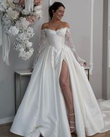 Robe de Mariée Ruolai WTH017 Exquise en Satin Col Cœur, Séance Photo Scintillante, Manches en Dentelle, Traîne de Mariée avec Fente Haute