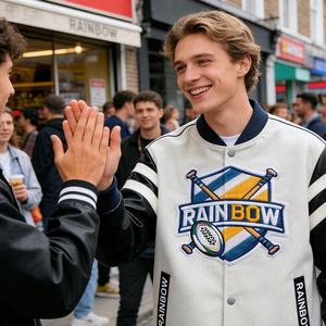 <span class=keywords><strong>Giacca</strong></span> da Uomo con Ricamo, Patch Audace con Motivo Pipistrello e Palla, Dettagli in Pelle sulle Maniche, Stile Streetwear - Product Image 4