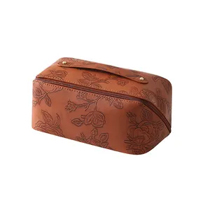 New Makeup Cosmetic Bag 180 degree large opening with 3D Embossed Pattern Faux Leather Carry Handle Toiletry Pouch