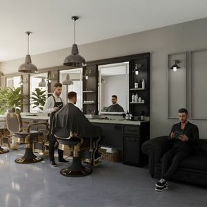 Estación de Espejo de Barbería Moderna y Lujosa, Ajustable, de Madera Real, con Silla de Pedicura de Metal Resistente y Elegante para Barbería - Product Image 3