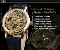 Montre mécanique Winner avec cadran transparent, design élégant, bracelet en cuir doré, aiguilles lumineuses, montre-bracelet pour homme d'affaires