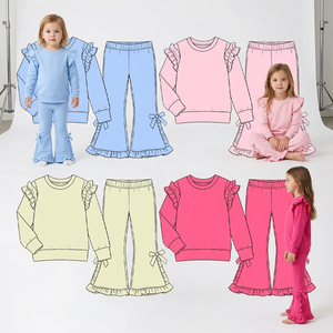 Vente directe d'usine, ensemble pantalon long et manches longues pour bébé fille, couleur unie, coton, nœuds, volants, vêtements assortis pour enfants - Product Image 1