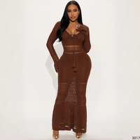 Robe longue maxi en tricot crocheté à col en V et taille nouée, ajourée, moulante, à manches longues, ample, grande taille, pour femme, simple, oversize, printemps été plage