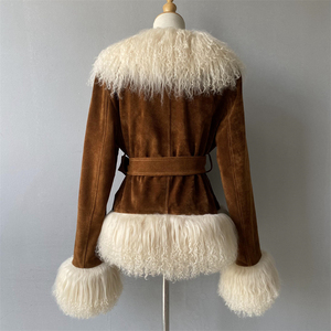 Giacca <span class=keywords><strong>in</strong></span> Vera Pelle da <span class=keywords><strong>Donna</strong></span> Moda Autunno Inverno, <span class=keywords><strong>Cappotto</strong></span> <span class=keywords><strong>in</strong></span> Pelle Scamosciata <span class=keywords><strong>con</strong></span> Bordo <span class=keywords><strong>in</strong></span> <span class=keywords><strong>Pelliccia</strong></span> di Agnello Mongolo a Pelo Lungo - Product Image 5