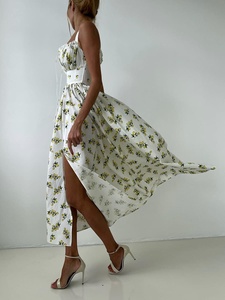 <span class=keywords><strong>Abito</strong></span> <span class=keywords><strong>Estivo</strong></span> Floreale a Mezza Gamba, Vestito Fluido a Linea A con Spalline Sottili, Arricciato con Spacco Alto per Vacanze - Product Image 3