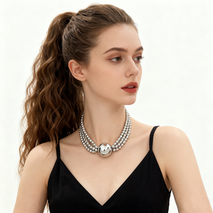 قلادة نسائية أوروبية أمريكية عصرية متعددة الطبقات على طراز الهيب هوب، سلسلة مقلدة للؤلؤ مع كرات، قلادة تُلبس حول الترقوة للحفلات بتصميم مبالغ فيه - Product Image 2