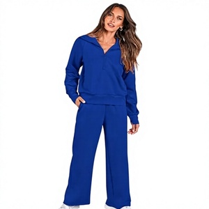 Ensemble de sweat-shirts bleus à col zippé, manches longues, tricotés, couleur unie, coupe ample, décontractés, pour l'automne, unisexe, avec poche et col en V - Product Image 1