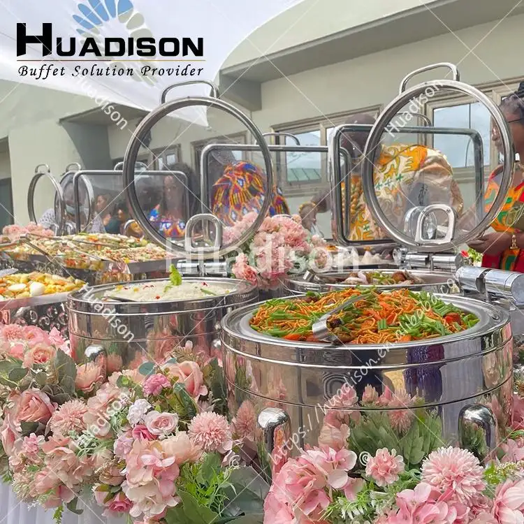 Huadison restoran catering büfe yemek ısıtıcısı tedarikçisi fabrika doğrudan paslanmaz çelik chafer çanak büfe seti