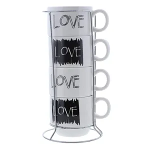 מותאם אישית צבע פורצלן גביע סט עם מתכת stand אהבה לוגו בעבודת יד stackable קרמיקה ספל קפה