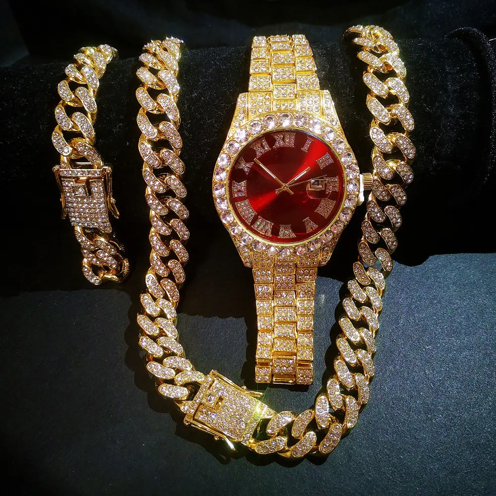 Full Iced Out hommes montre strass Hip hop montres pour hommes montre collier Bracelet ensemble bijoux Hip Hop tour de cou Cubana