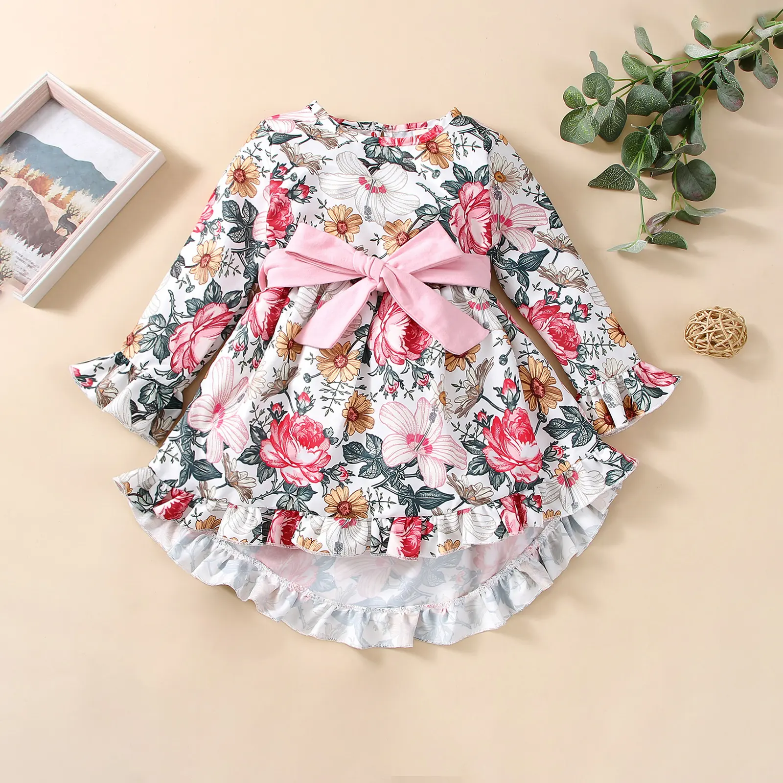 Nuovo Design primavera ragazze abito manica lunga stile bambino ragazza abiti eleganti dolce bambini abbigliamento floreale
