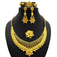 Collar, Pulsera, Aretes y Anillos de Alta Calidad Chapados en Oro de 24K de Dubái, Joyería de Moda Nupcial Árabe para Mujer
