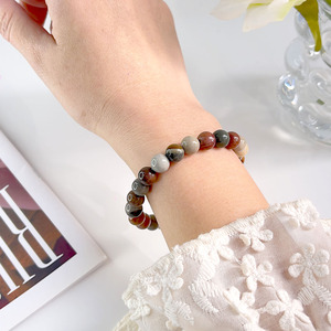 Bracelet en pierres naturelles, Jaspe Picasso, 6-8mm, motif réseau rouge, unisexe, anniversaire, vente en gros - Product Image 2