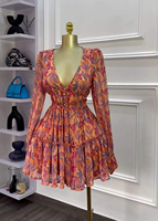 Robe décontractée élégante pour femme, mini, à manches longues, col en V profond, motif floral abricot, avec garniture, vente en gros pour fabricants de vêtements