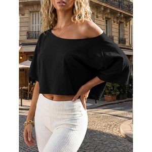 Fisoew Women's Off The Shoulder Cropped Top Batwing Sleeve Asymmetrical Neck Yoga Workout <b>Shirt</b> Summer Casual T-<b>Shirt</b> - Product Image 3
