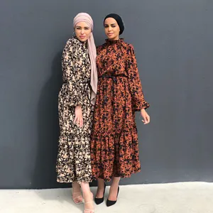 MOTIVE FORCE Turkish Abaya Brown Printed Round Neck And Long Sleeves With Rope Tie At Waist Abaya Muslim Dresses