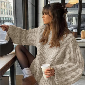 Maglione Oversize da <span class=keywords><strong>Donna</strong></span> <span class=keywords><strong>Beige</strong></span> con Collo Rotondo e Lavorazione a Trecce - Product Image 1