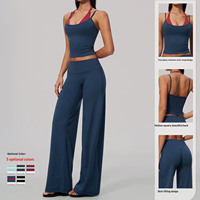 Ensemble de yoga personnalisé avec débardeur halter brossé color-block et pantalon large taille haute sculptant le ventre et rehausseur de fessiers – Vêtements de fitness et de yoga en gros