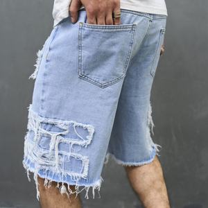 Men's Retro Washed Denim Shorts Trendy Solid Beach Shorts with Shorts Casual Cotton <b>Fabric</b> Plain Dyed OEM Available - Product Image 4
