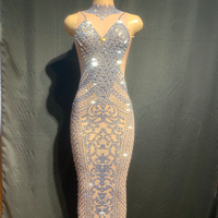 Luxury Diamonds Embellished Low Cut Deep V See-through slip Dress Women Sexy Party Dresses Elegant Evening Dress Stage Wear