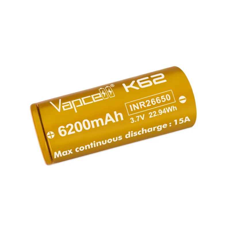 Marka yeni 26650 pil yüksek kapasiteli 6200mah 15A li-ion şarj edilebilir Vapcell K62 enerji depolama için