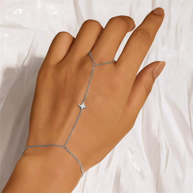 Fine Chain & Link Bracelets with Zircon Eightfold Star Charm 925 Sterling Silver Jewelry Gold Plated Tassel Finger Bracelet
