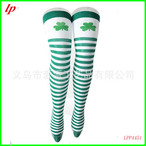 Irish Day White Green Striped Knee <b>Socks</b> With Clover Design For St Patrick's Day Party Women's <b>Breathable</b> <b>Sock</b> LPP4451 - Product Image 1