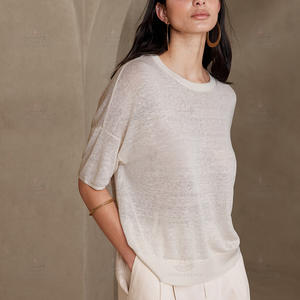 Camisa de punto de algodón y poliéster cómoda transpirable personalizada para mujer, suéter fino de manga corta para primavera y verano para mujer - Product Image 1