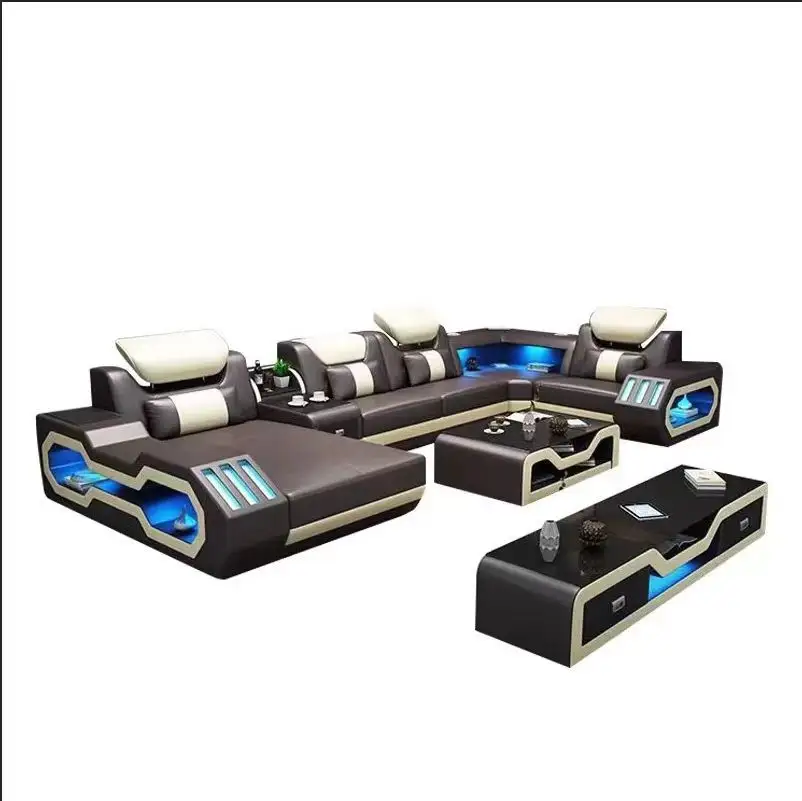 Современный дизайн кожаный диван секционный гостиная диван набор мебели со светодиодом
