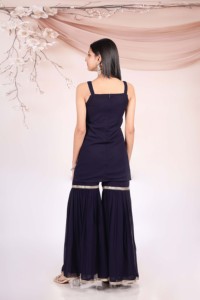 Women Ethnic Embroidered Kurta With Sharara And Dupatta Navy Blue Traditional Party Wear Indian Pakistani Clothing - Product Image 4