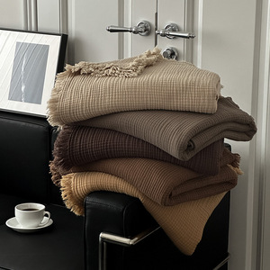 <span class=keywords><strong>Plaid</strong></span> beige 4 couches 100 % coton, motif gaufré, avec pompons, pour canapé et lit, toutes saisons, décoration intérieure neutre, moderne et confortable, vente en gros - Product Image 3