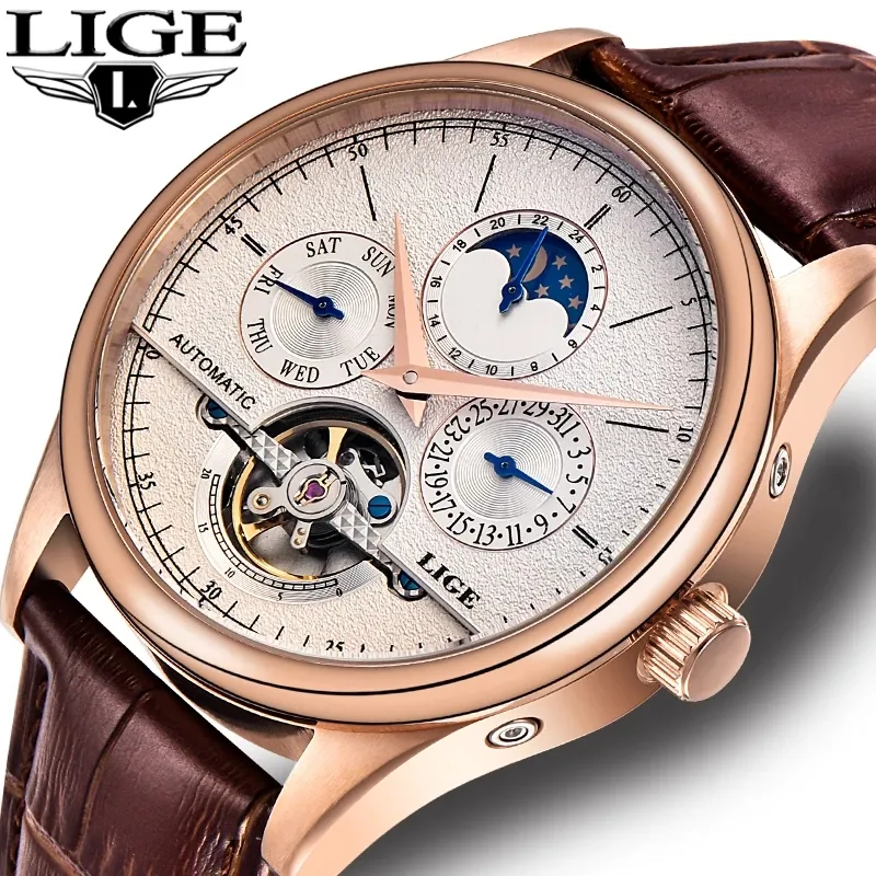 LIGE 6826 Classic Mens Automatic Watch Tourbillion Movement Fashion Leather Mechanical Watches