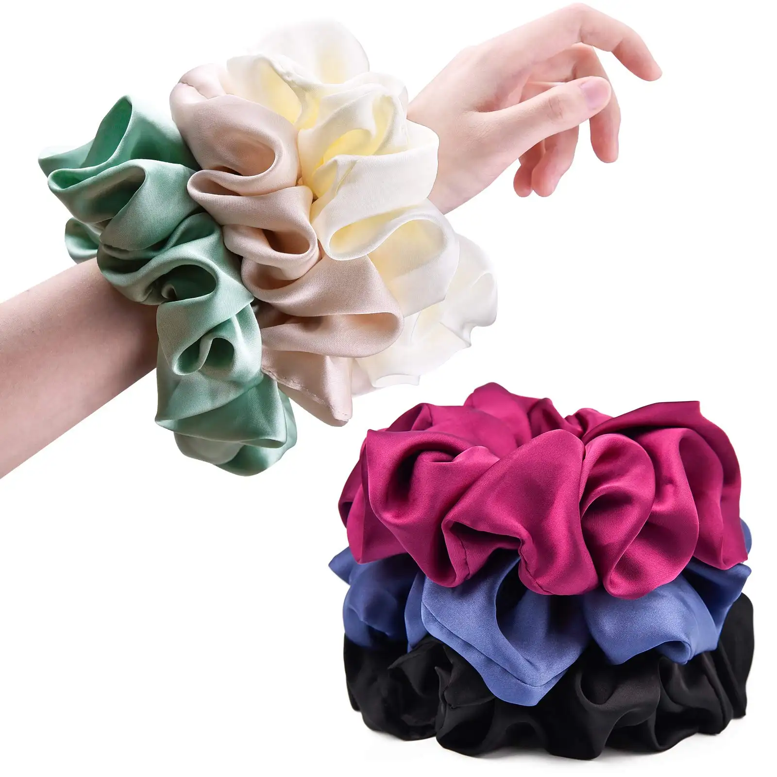 Big Real Satin Scrunchies for Women Extra Large Satin Oversized Scrunchy for Thick Hair Elastic Hair Ties H03