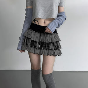 2026 <b>Summer</b> New BM Style Striped Dropped Waist Mini <b>Skirt</b> Sweet Puffy Cake Dance Ruffles A-Line Cute Casual Wear - Product Image 4