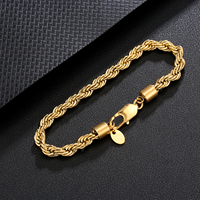 Bracelet en corde de 5 mm à l'éclat durable, résistant à la chaleur et à la transpiration, bijoux pour hommes, bracelet torsadé en acier inoxydable plaqué or 14 carats